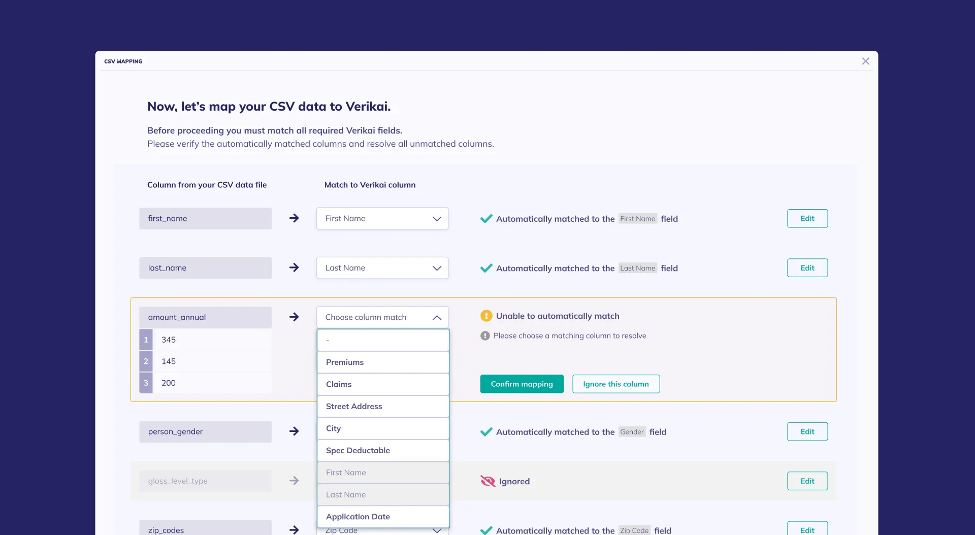 Column matching UI