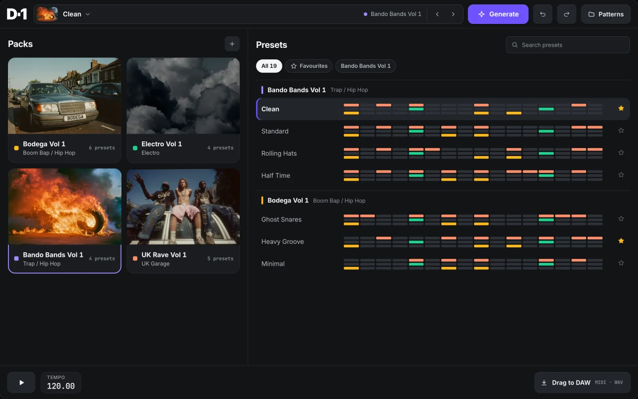 Drummer-1 pack browser: Bodega, Electro, Bando Bands and UK Rave packs beside a preset list with pattern previews