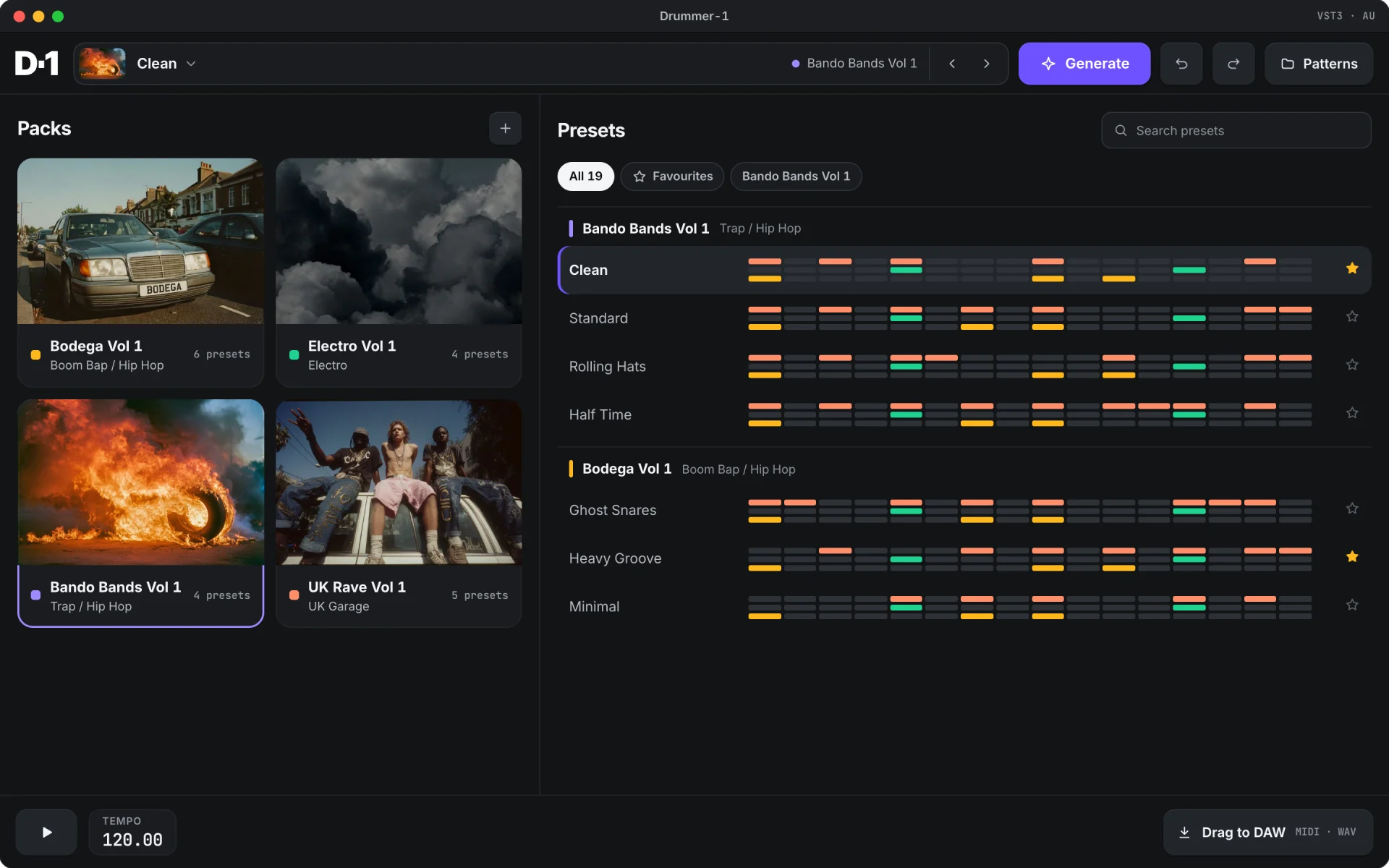 Drummer-1 pack browser: Bodega, Electro, Bando Bands and UK Rave packs beside a preset list with pattern previews