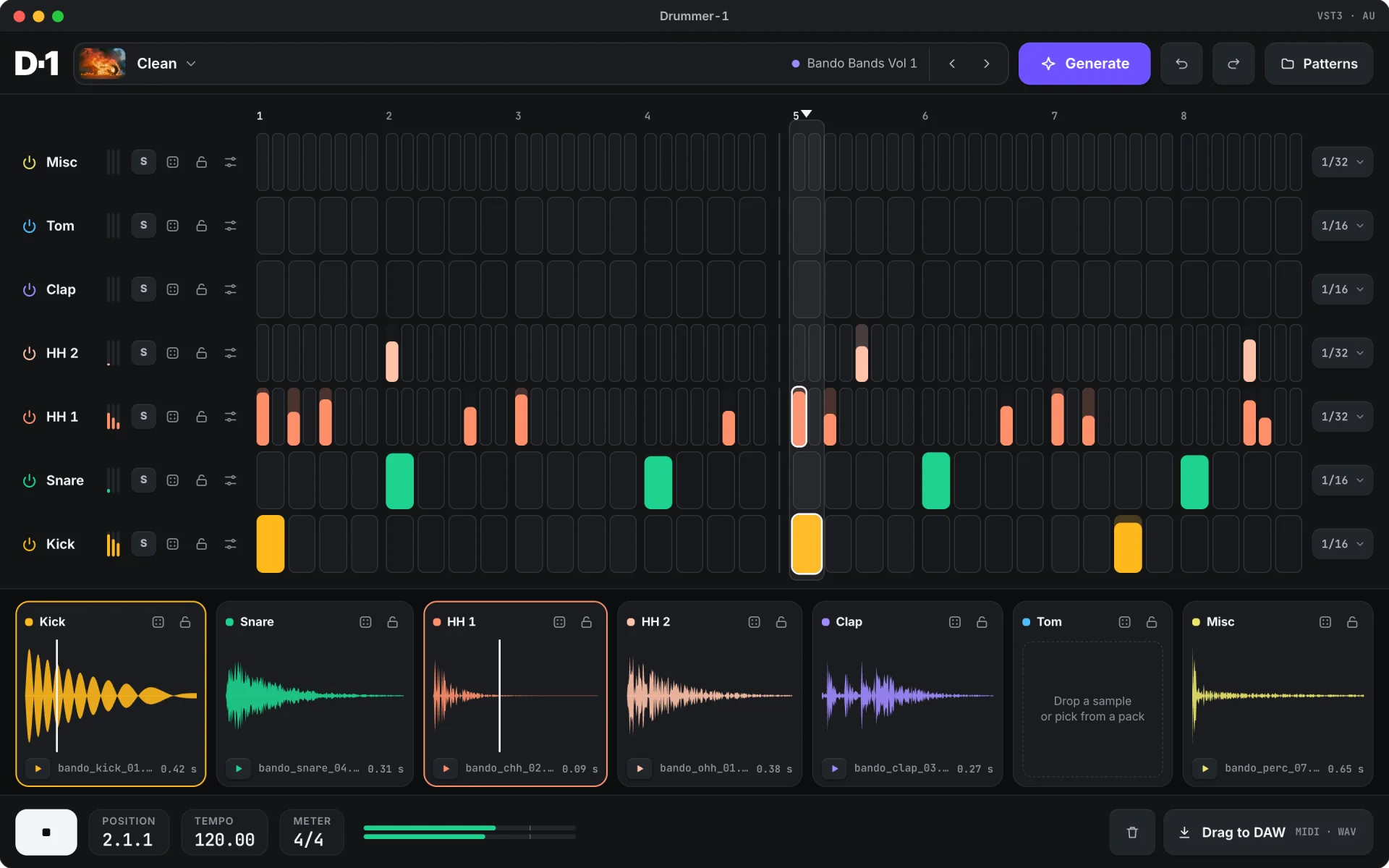 Drummer-1 sequencer playing the Clean preset: seven tracks, hits filled to their velocity, the playhead on beat 5 and the firing samples lit