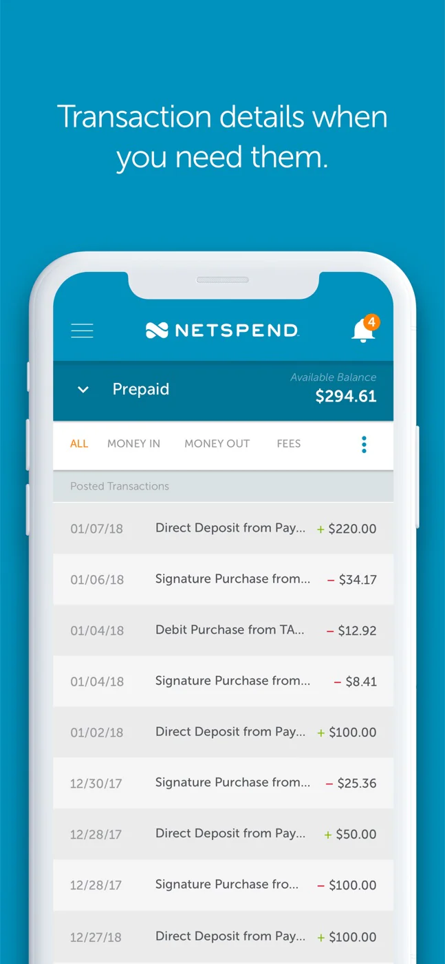 Netspend app: balance and transaction history