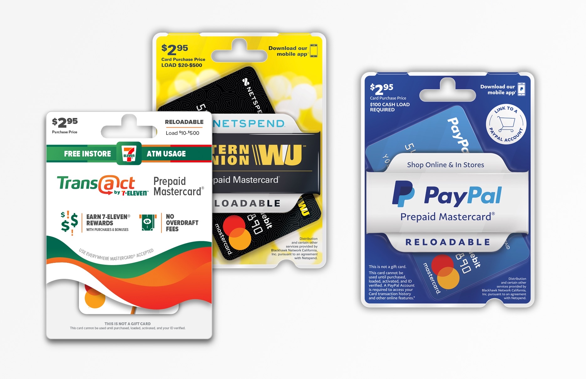 Netspend white-label prepaid card retail packaging: Trans@ct by 7-Eleven, Western Union, and PayPal Prepaid