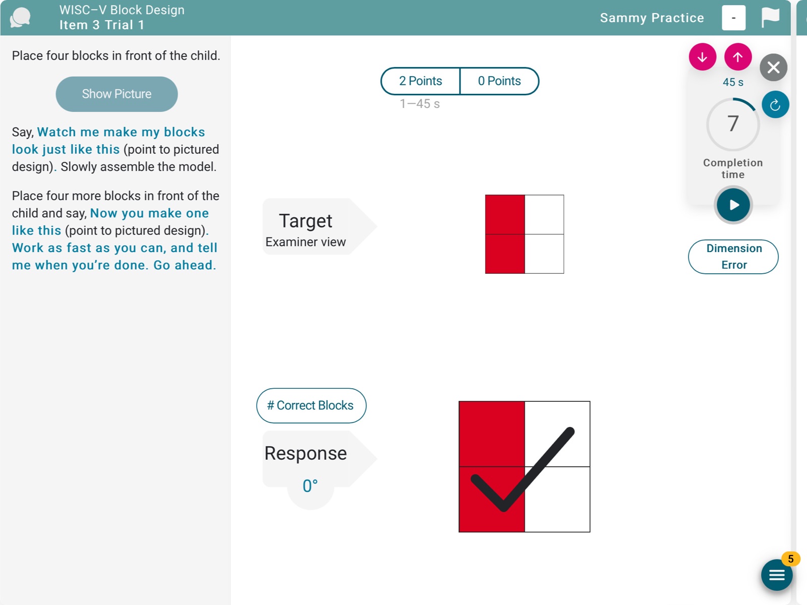 Q-interactive examiner screen: WISC-V Block Design with timer and scoring