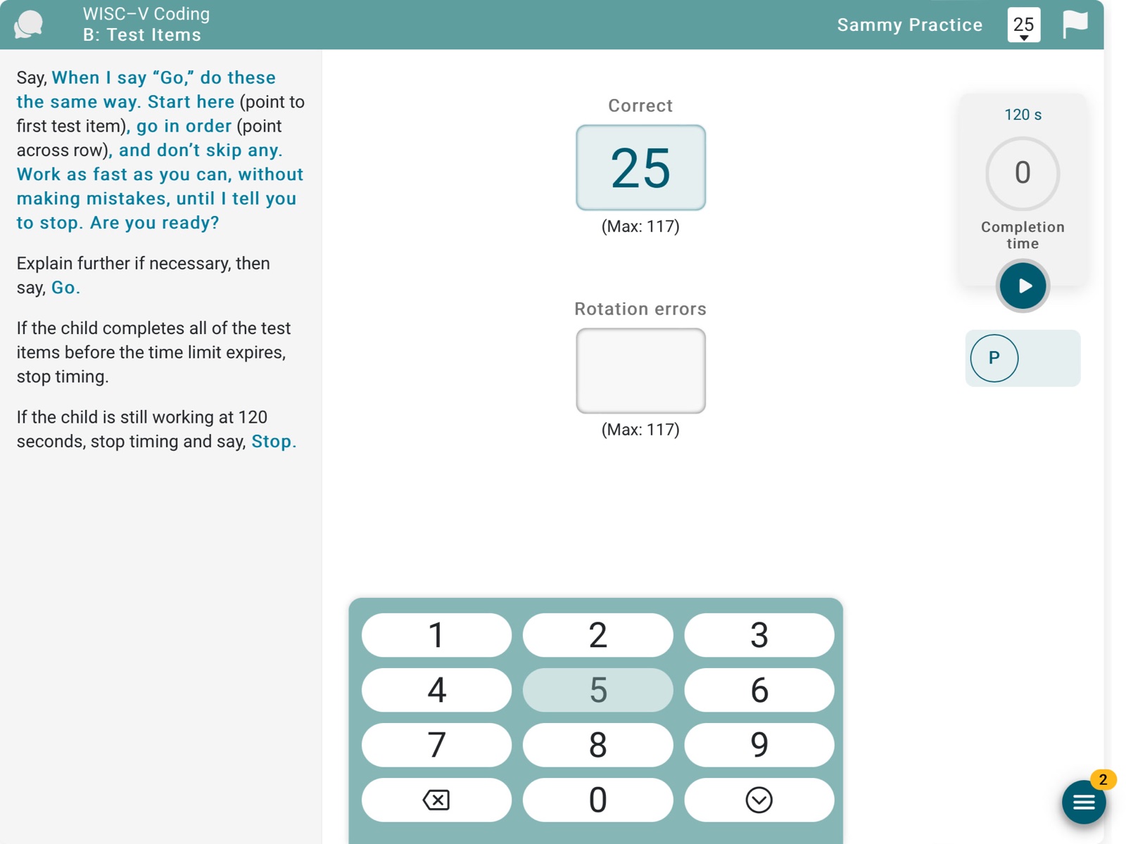 Q-interactive examiner screen: WISC-V Coding with keypad entry