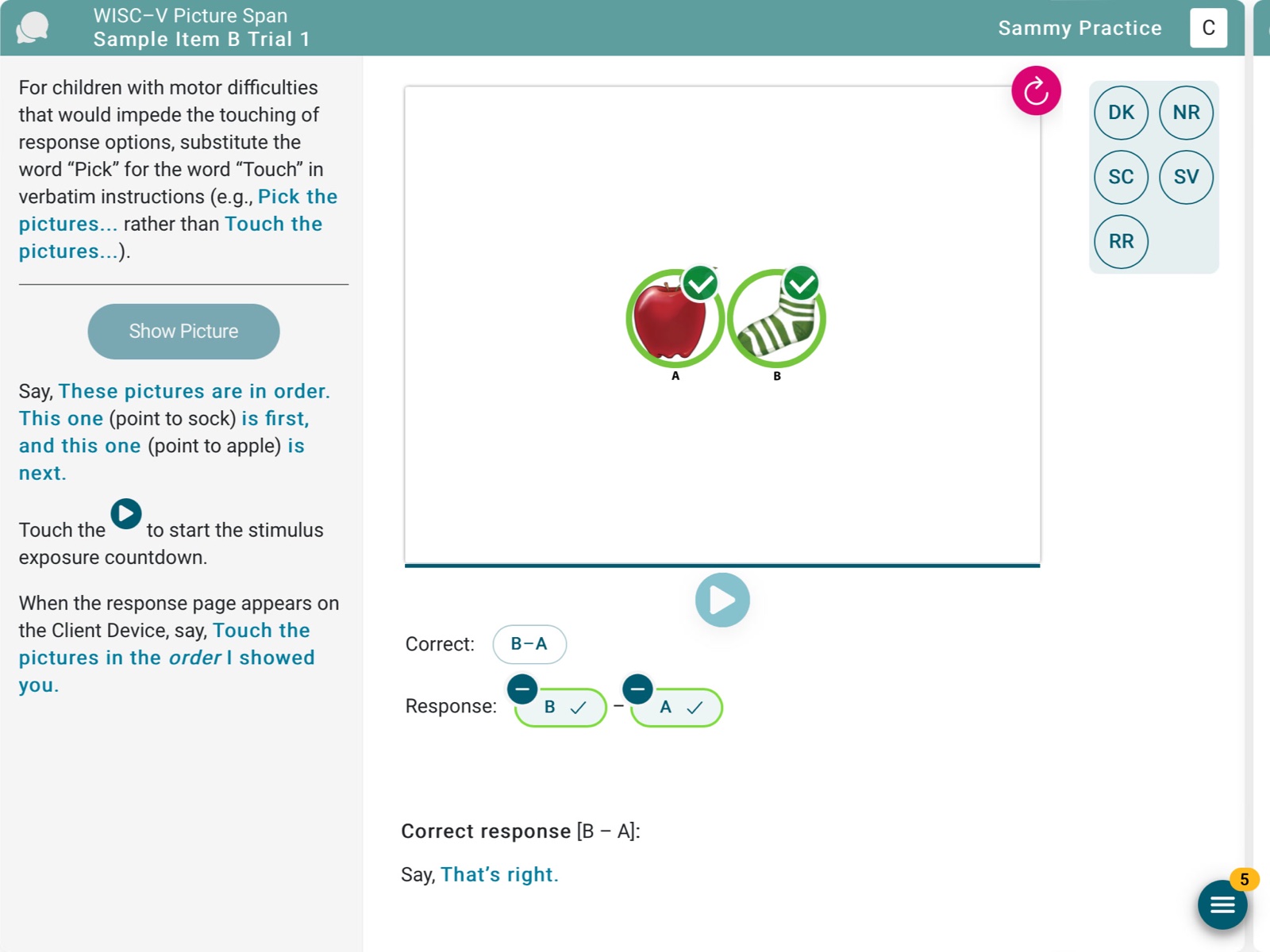 Q-interactive examiner screen: WISC-V Picture Span response capture
