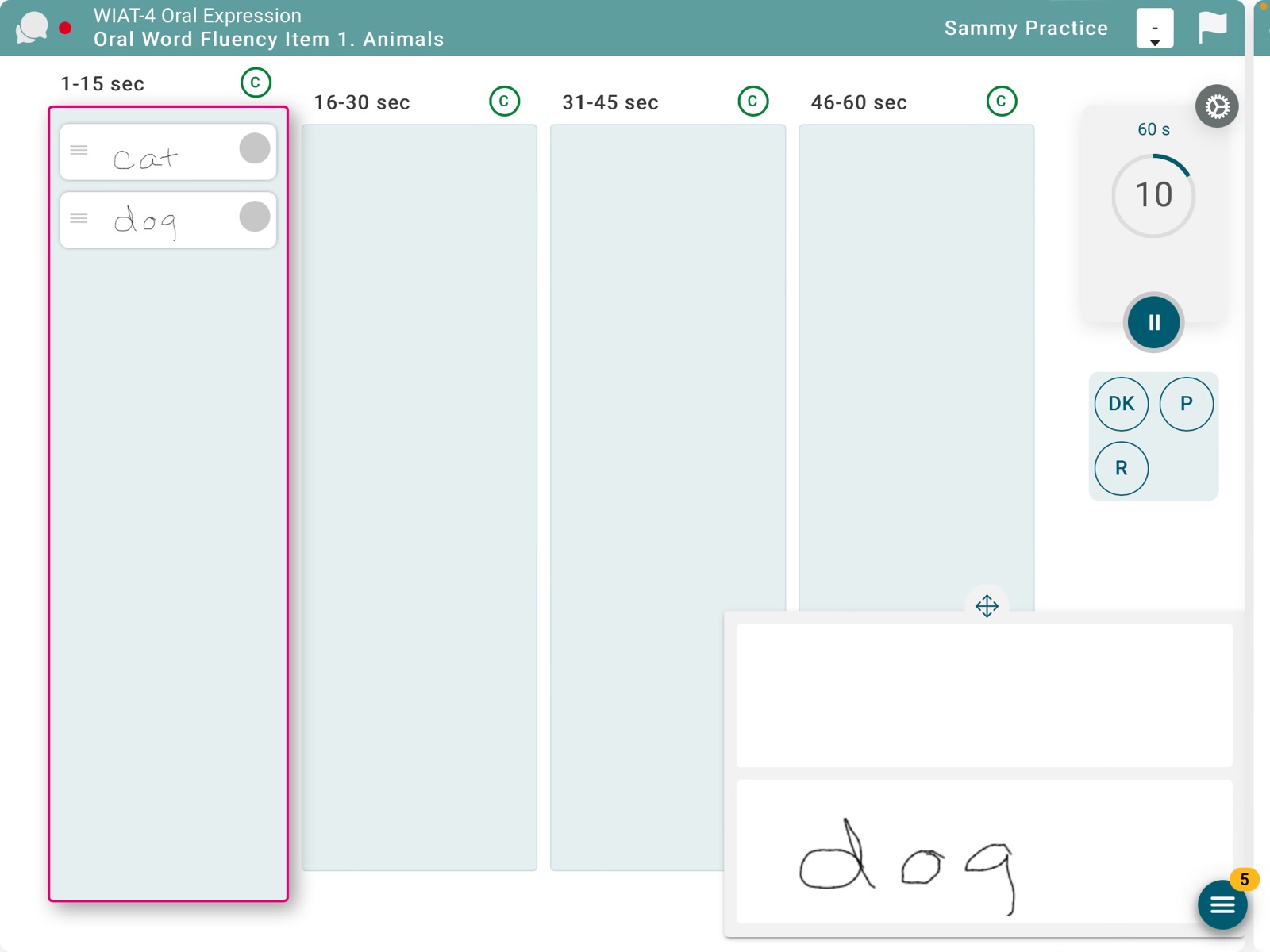 Q-interactive examiner screen: WIAT-4 Oral Word Fluency with handwriting capture