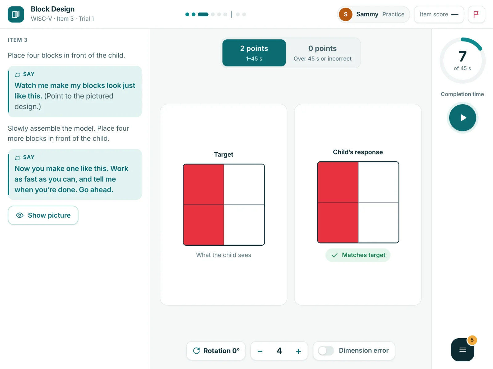 Q-interactive examiner screen: WISC-V Block Design with timer and scoring