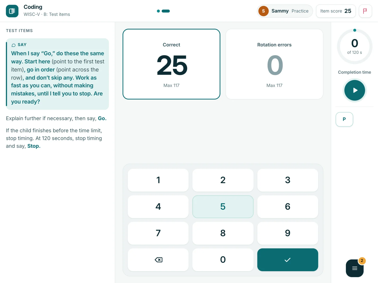 Q-interactive examiner screen: WISC-V Coding with keypad entry