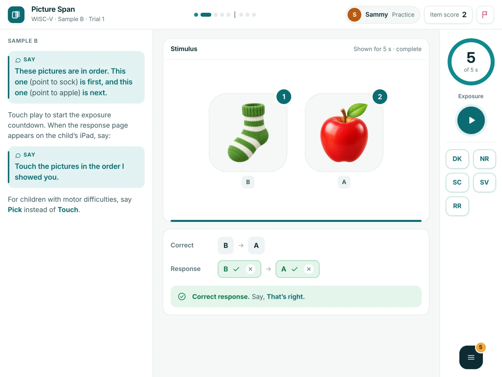 Q-interactive examiner screen: WISC-V Picture Span response capture