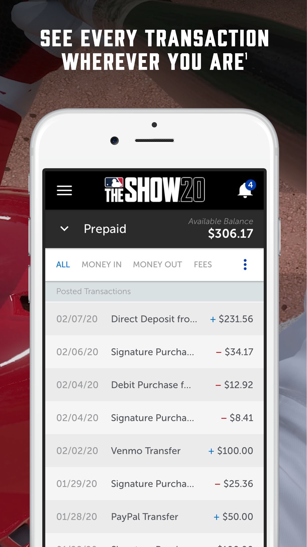 MLB The Show prepaid app: balance and transactions
