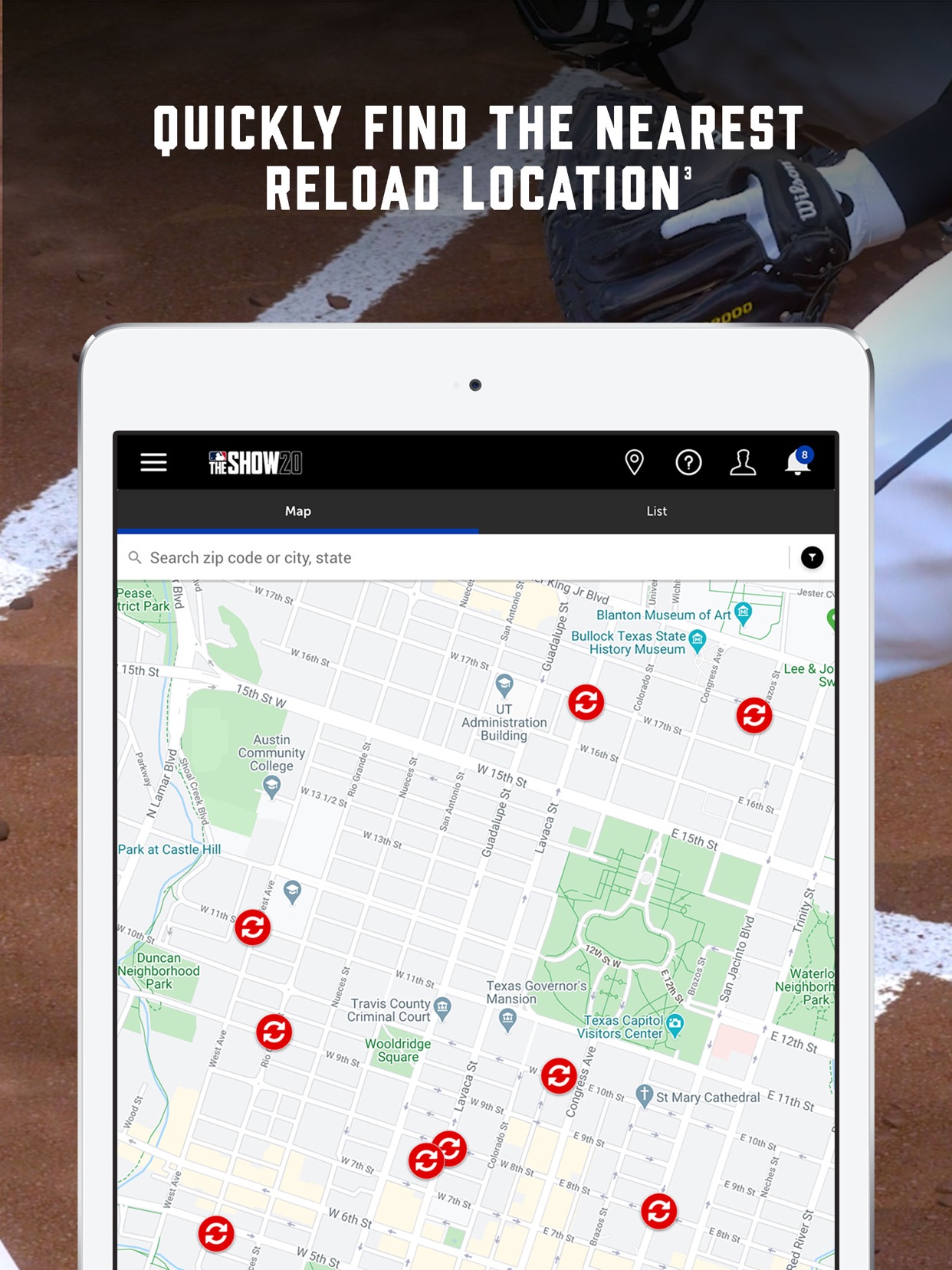 MLB The Show prepaid app on iPad: reload locations map