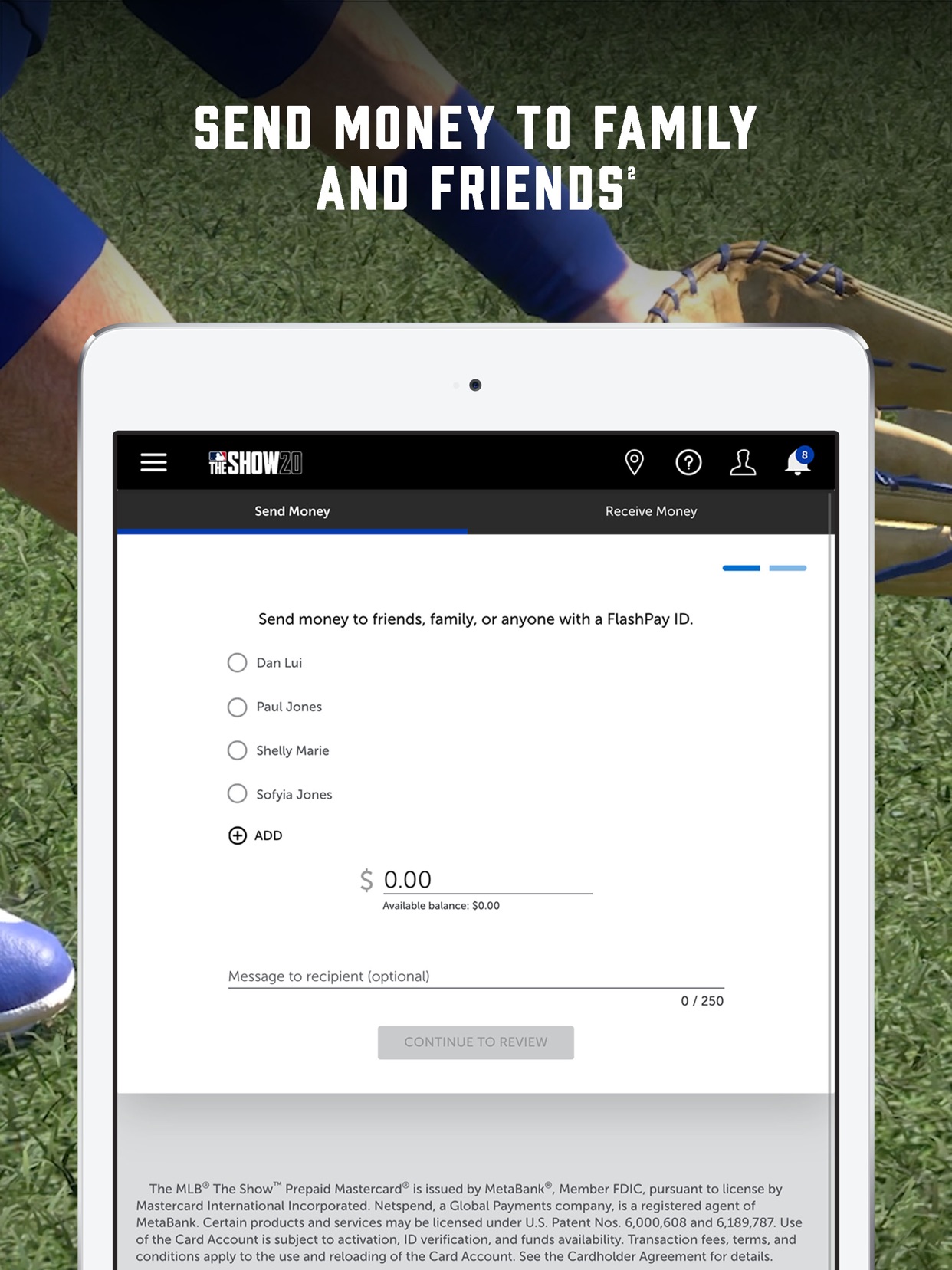 MLB The Show prepaid app on iPad: send money