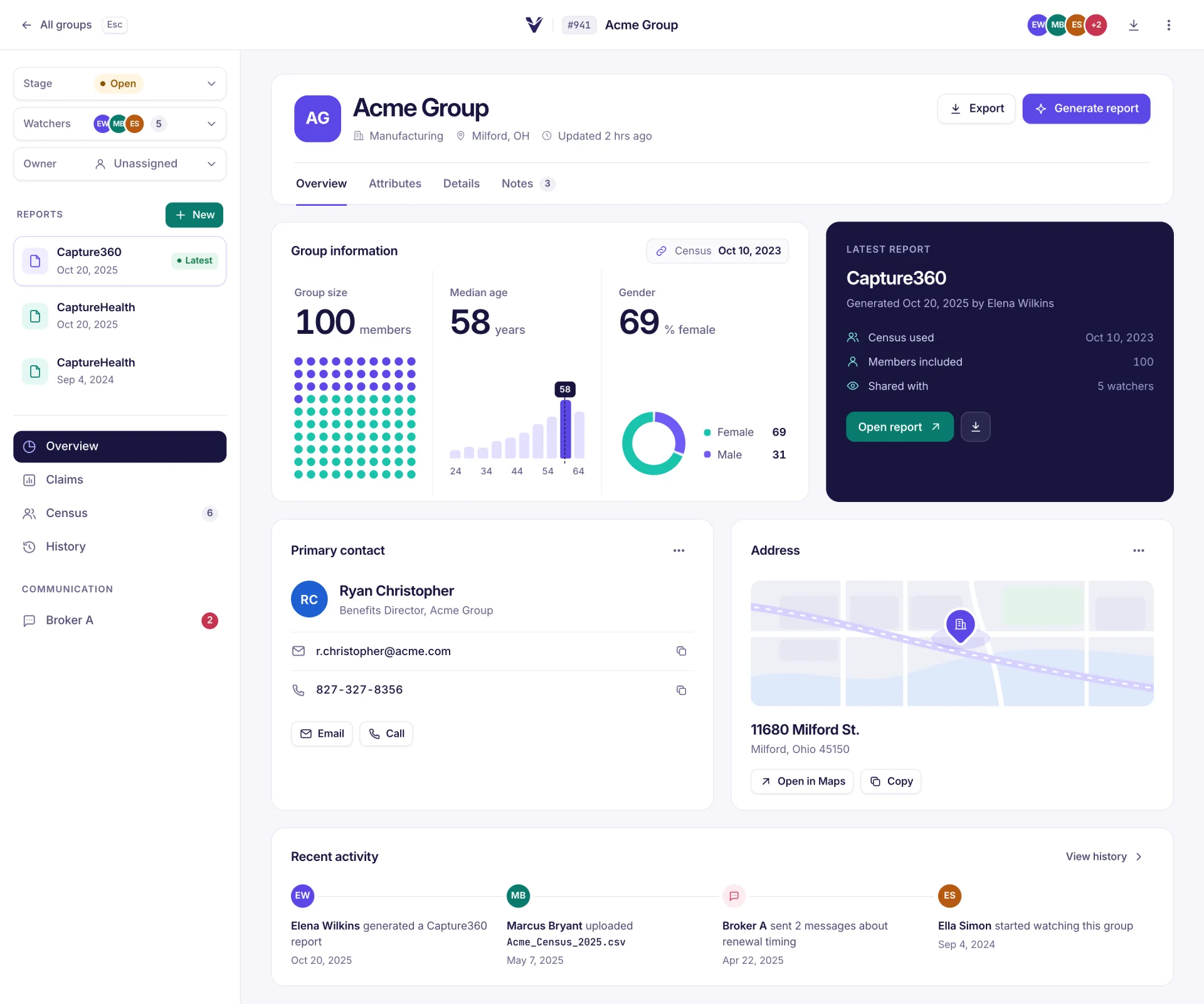 The Verikai platform: Acme Group's overview page in front of the all-groups list