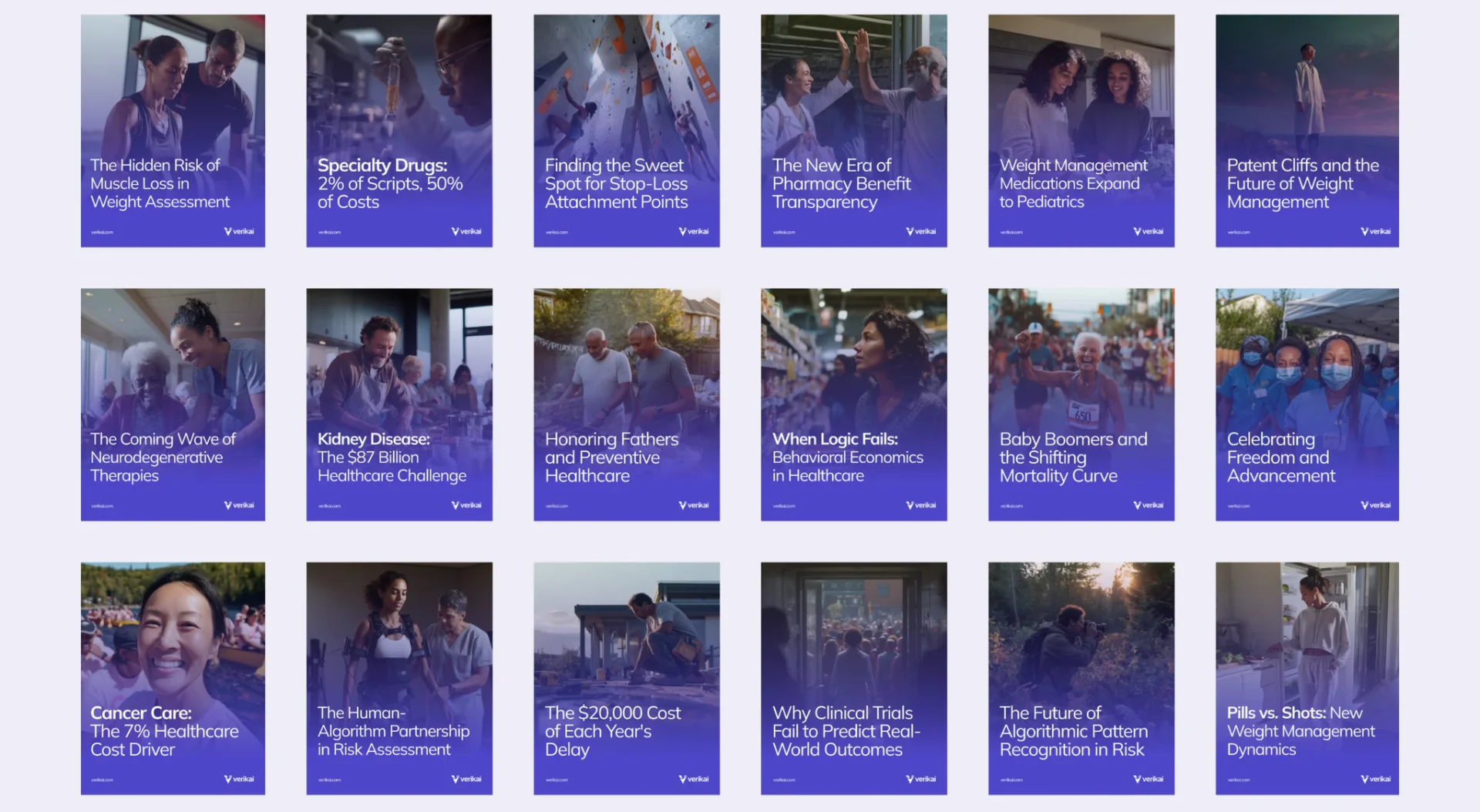 Grid of Verikai editorial content covers in the brand's indigo