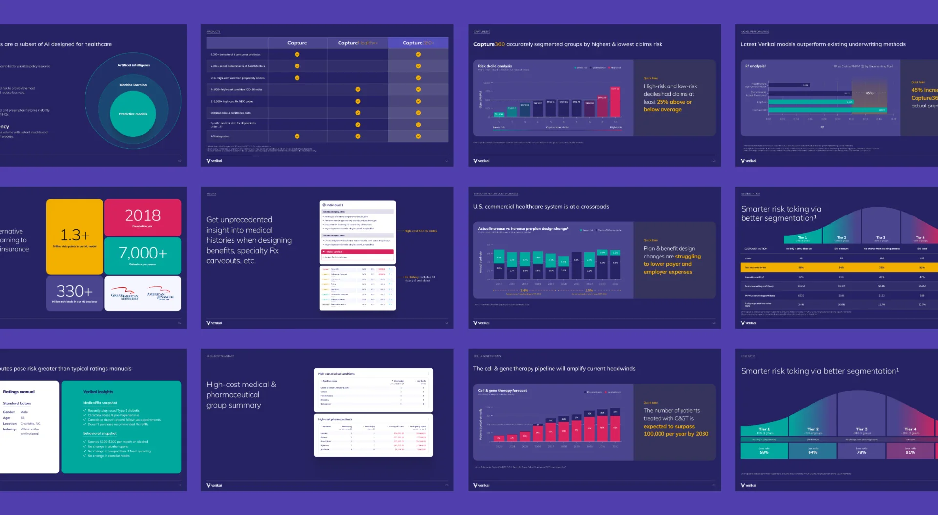 Grid of Verikai presentation slides with charts in the brand palette