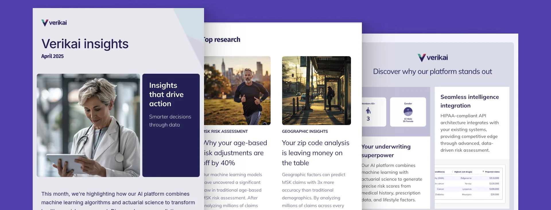 Verikai insights newsletter and collateral pages in the new visual system