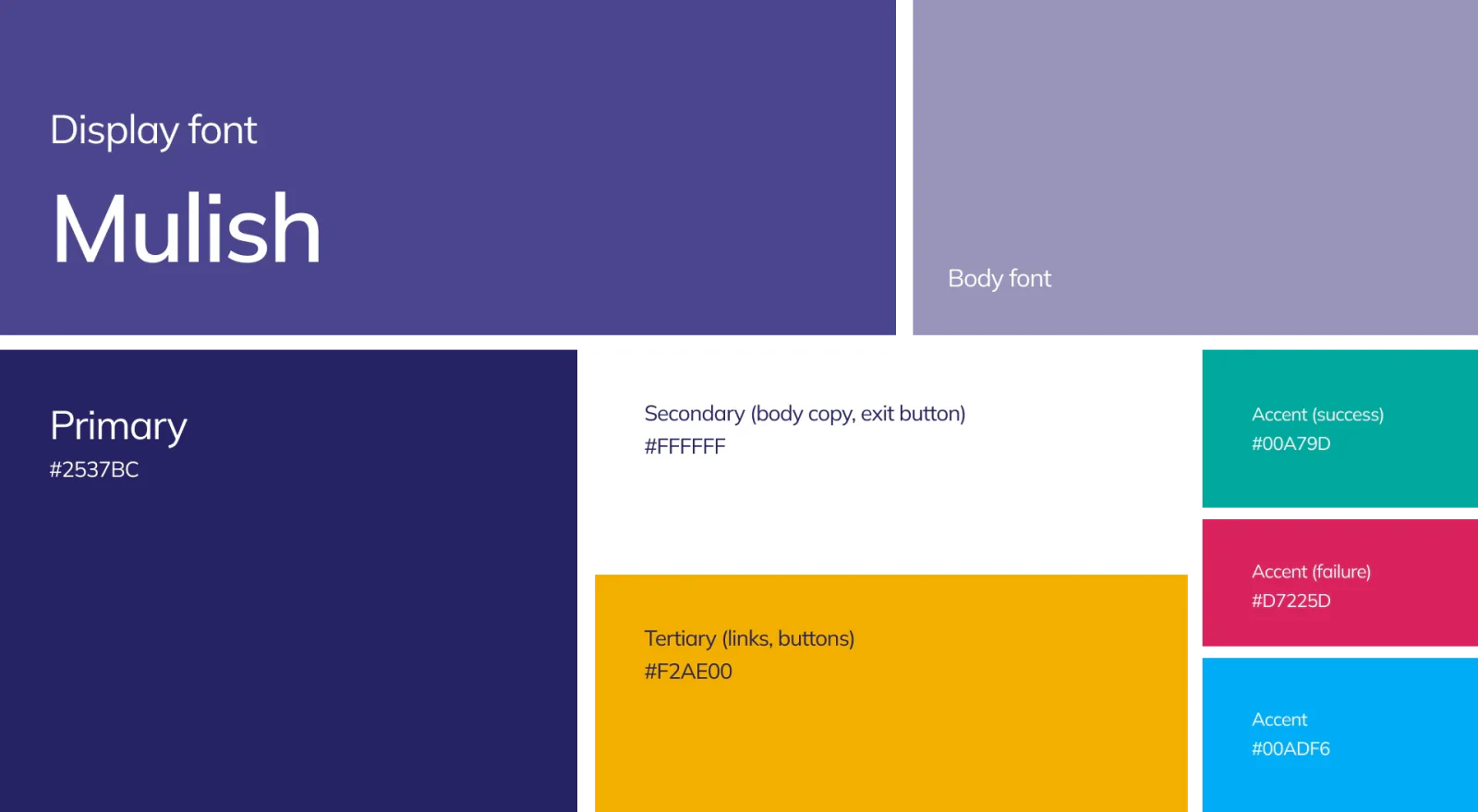 Brand guidelines page: Mulish display font and the color palette, primary #25378C