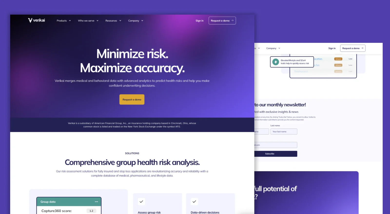 Redesigned Verikai website: 'Minimize risk. Maximize accuracy.' hero and a group health risk analysis section